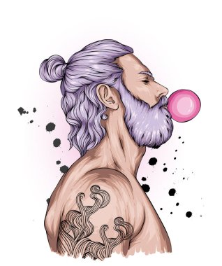 Güzel saç stili olan yakışıklı hippi. Vektör çizimi. Moda, tarz, giysi ve aksesuarlar..