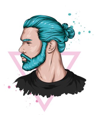 Güzel saç stili olan yakışıklı hippi. Vektör çizimi. Moda, tarz, giysi ve aksesuarlar..