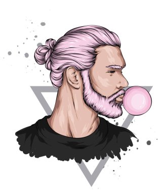 Güzel saç stili olan yakışıklı hippi. Vektör çizimi. Moda, tarz, giysi ve aksesuarlar..