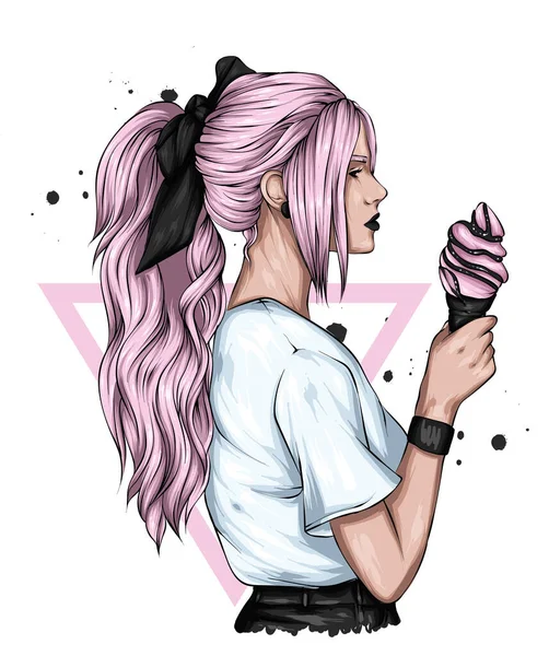 Beautiful Girl Stylish Clothes Ice Cream Candy Vector Illustration Fashion Vector Graphics