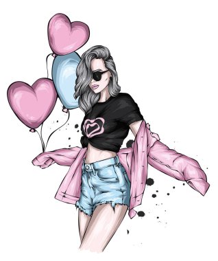 Şık giyinmiş, balon kalpli güzel bir kız. Aşk ve Sevgililer Günü. Moda, tarz, giysi ve aksesuarlar..