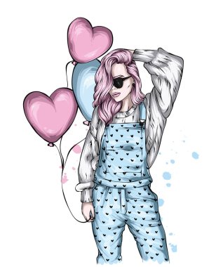 Şık giyinmiş, balon kalpli güzel bir kız. Aşk ve Sevgililer Günü. Moda, tarz, giysi ve aksesuarlar..