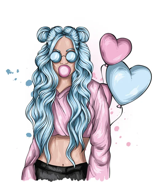 Hermosa Chica Con Ropa Elegante Globos Corazones Amor Día San — Vector de stock