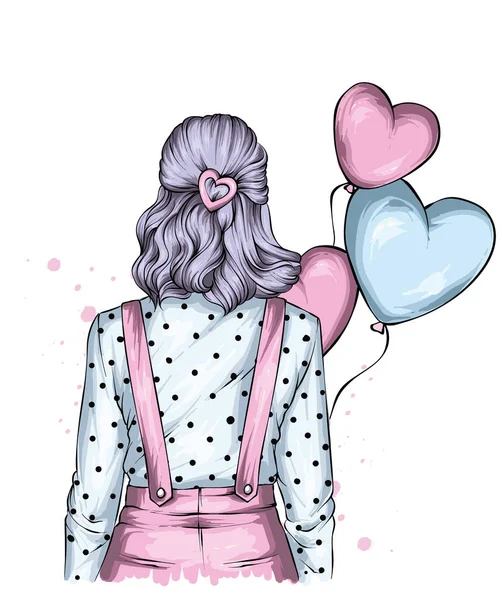 Schöne Mädchen Stilvollen Kleidern Und Luftballons Herzen Liebe Und Valentinstag — Stockvektor