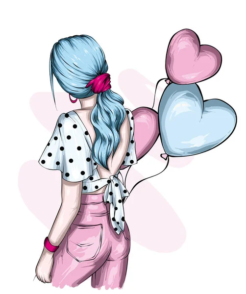 Hermosa Chica Con Ropa Elegante Globos Corazones Amor Día San — Vector de stock