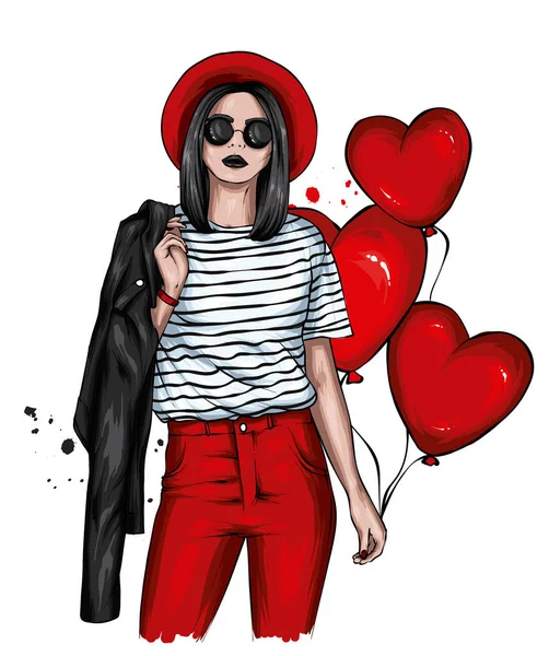 Şık Giyinmiş Balon Kalpli Güzel Bir Kız Aşk Sevgililer Günü — Stok Vektör
