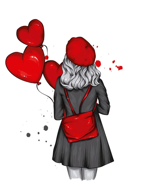 Beautiful Girl Stylish Clothes Balloons Hearts Love Valentine Day Fashion Vector Graphics