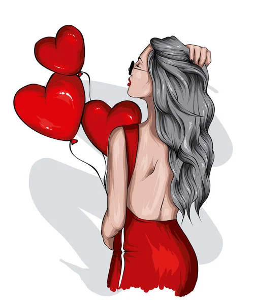 Piękna Dziewczyna Stylowe Ubrania Balony Serca Miłość Walentynki Moda Styl Ilustracje Stockowe bez tantiem