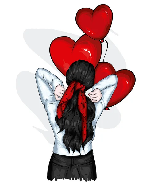 Beautiful Girl Stylish Clothes Balloons Hearts Love Valentine Day Fashion Stock Illustration