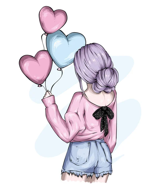 Beautiful Girl Stylish Clothes Balloons Hearts Love Valentine Day Fashion Stock Illustration