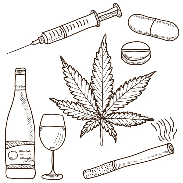 Illustratie van verdovende middelen - marihuana, alcohol en andere — Stockvector