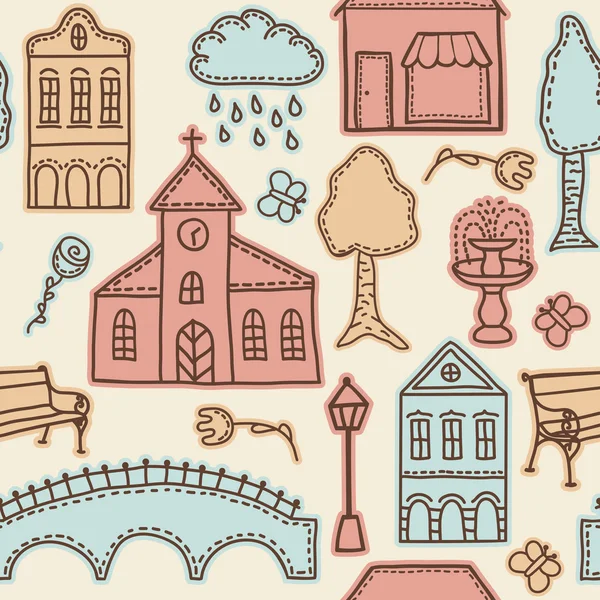 Town or city design elements on seamless pattern — Stock Vector