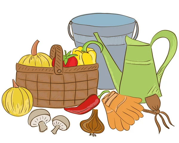 Ilustración de herramientas de jardín y cesta de cosecha — Vector de stock