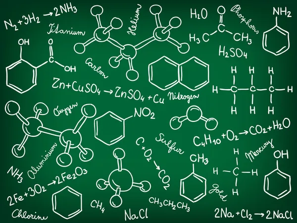 Chemie Hintergrund - Molekülmodelle und Formeln — Stockvektor