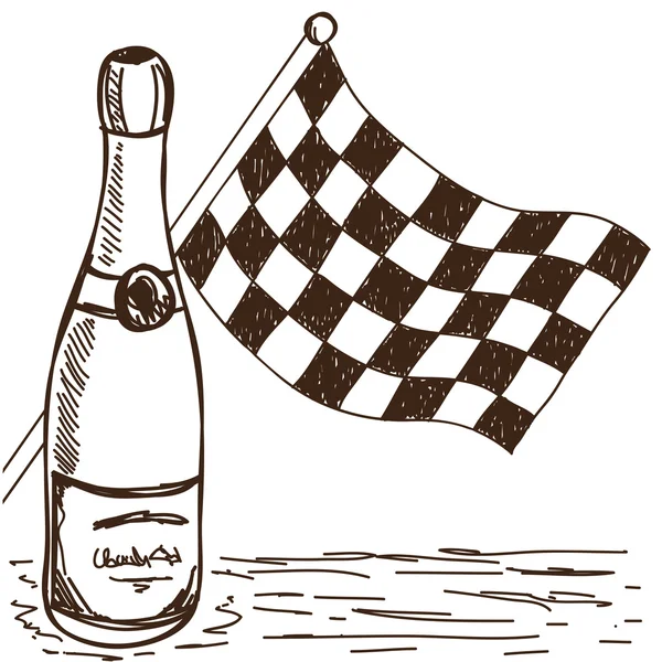 Checkered flag and champagne drawing — Stock Vector