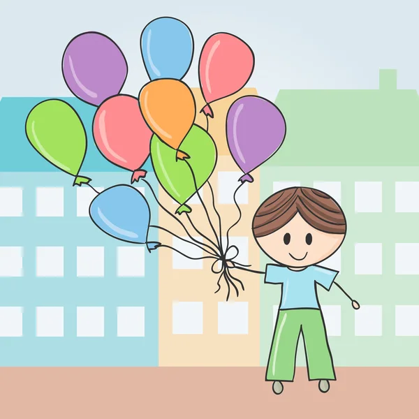 Niño con globos en la ciudad — Vector de stock