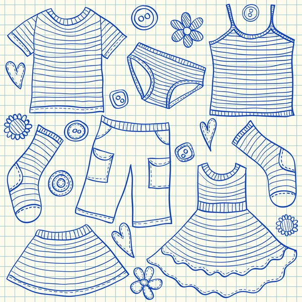 Kinderen kleding doodles — Stockvector