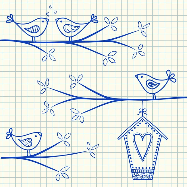 Pájaros en un dibujo de árbol — Vector de stock