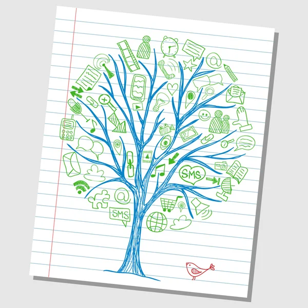 Κοινωνικών μέσων μαζικής ενημέρωσης doodle εικονίδια στο δέντρο — Διανυσματικό Αρχείο