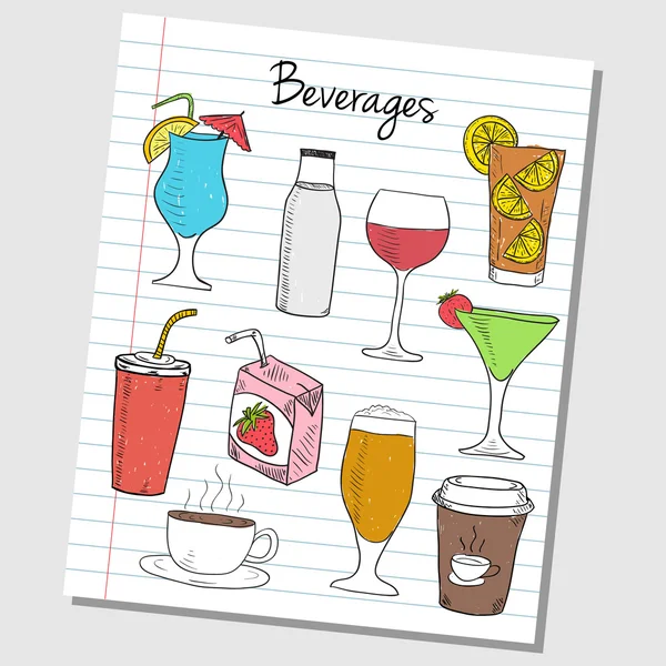 Băuturi doodles - hârtie căptușită — Vector de stoc