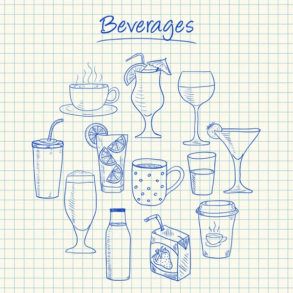 Beverages doodles - squared paper — Stock Vector