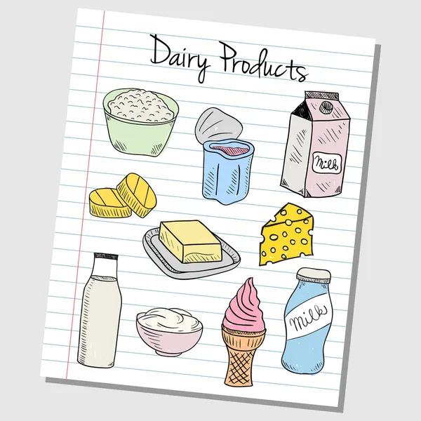 Dairy products doodles - lined paper — Stock Vector