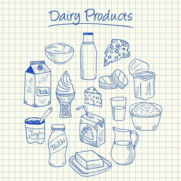 Dairy products doodles - squared paper — Stock Vector