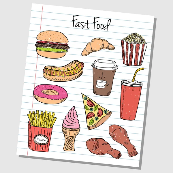 Fast foody Doodle - pokryte papieru — Wektor stockowy
