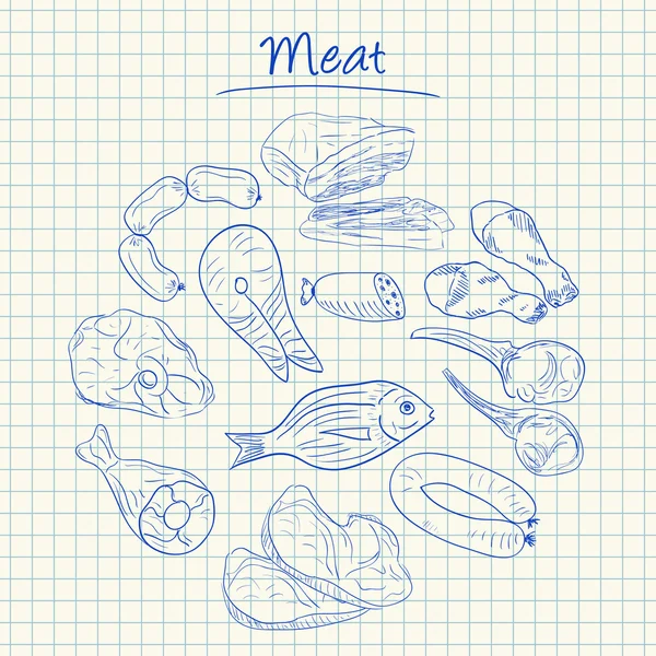肉对面条-平方的纸 — 图库矢量图片