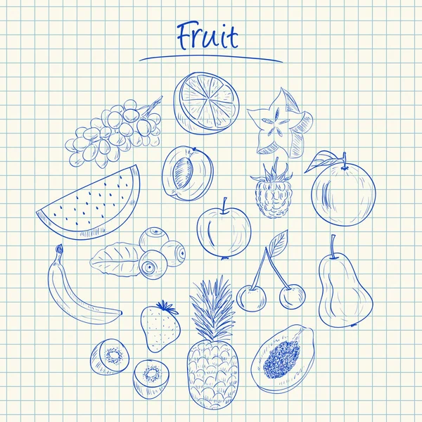 Frukt doodles - squared papper — Stock vektor