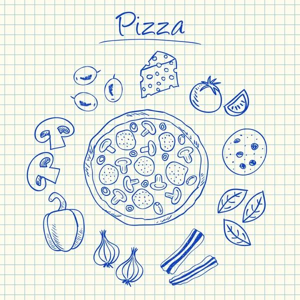 Pizza doodles - squared paper — Stock Vector