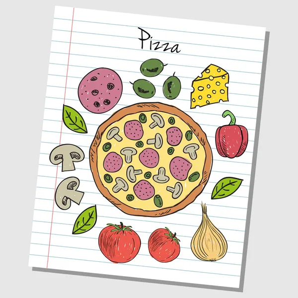 Pizza doodles - linjerat papper — Stock vektor