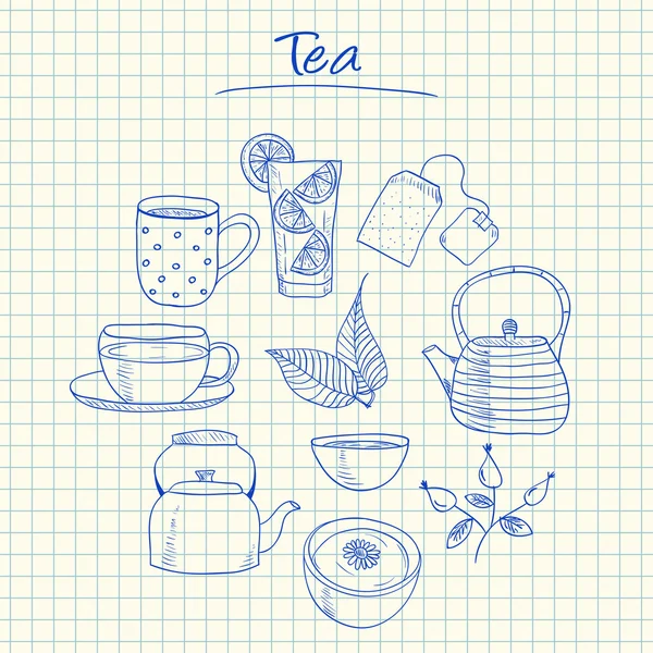 Tea doodles - squared paper — Stock Vector