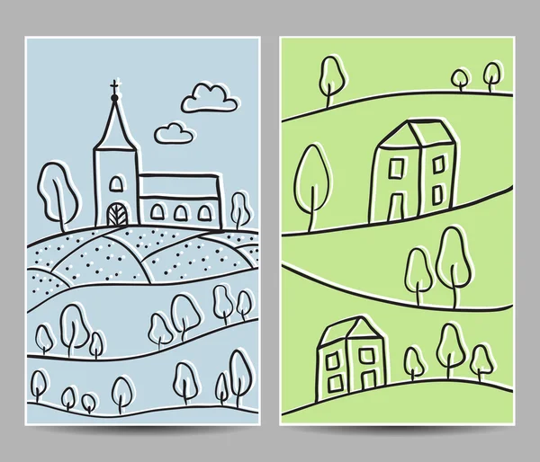 Church and village cards — Stock Vector