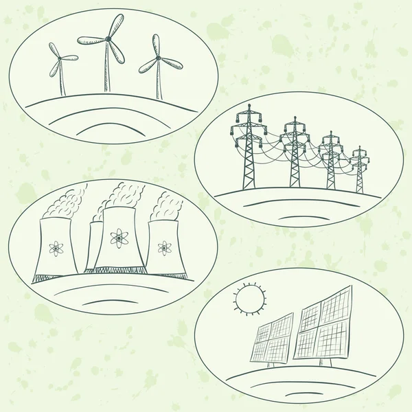 Σταθμός παραγωγής ηλεκτρικού ρεύματος ενεργειακών doodles — Διανυσματικό Αρχείο