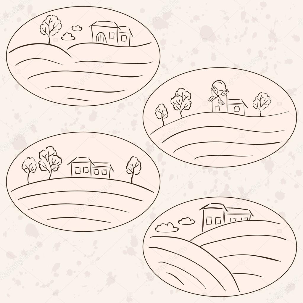 Countryside drawings - houses landscape labels