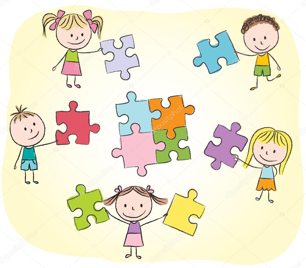 Illustrazione di bambini che giocano con puzzle gesso di disegno — Vettoriali di kytalpa