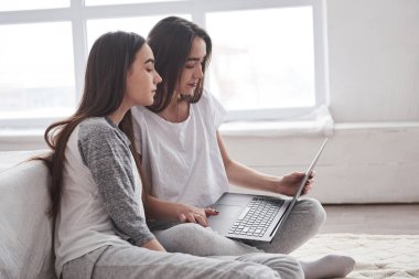Yan görüş. Genç bayan ikizler beyaz yatağın yanında oturuyor ve gümüş renkli dizüstü bilgisayar kullanıyorlar..