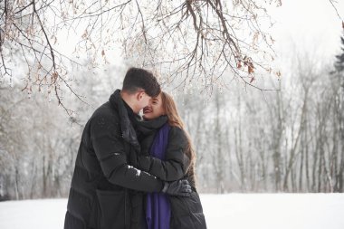 Birbirimizi ısıtıyoruz. Göz kamaştırıcı genç çift, karlı ormanda birlikte iyi vakit geçiriyor..