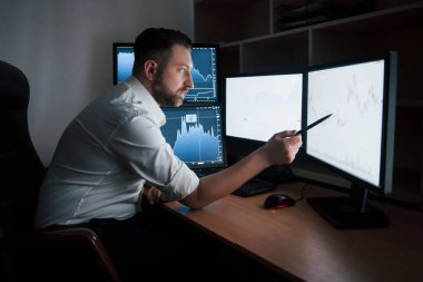 Kalemin yanındaki ekranda noktayı gösterir. Beyaz gömlekli sakallı adam ofiste çalışıyor. İndeks çizelgelerinde birden fazla bilgisayar ekranı var..