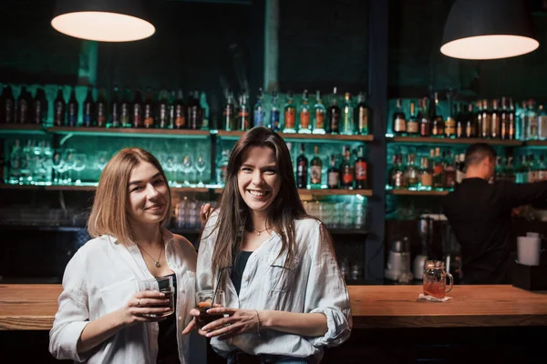 Two Female Friends Have Nice Time Night Club Bar Nightclub — Fotografia de Stock