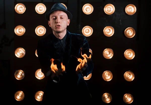Burning Nice Professional Illusionist Black Hat Shirt Gloves Playing Fire — Stock Photo, Image