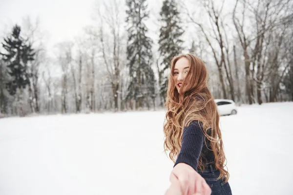Peşimden Gel Uzun Saçlı Bir Kız Kışın Ormanın Yakınındaki Otomobilin — Stok fotoğraf