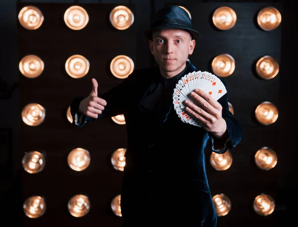 Magician Black Suit Standing Room Special Lighting Backstage — Stock Photo, Image