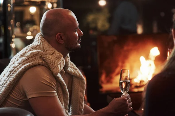Enjoy Moment Bald Guy Glass Champagne Feels Satisfaction Sitting Fireplace — 图库照片