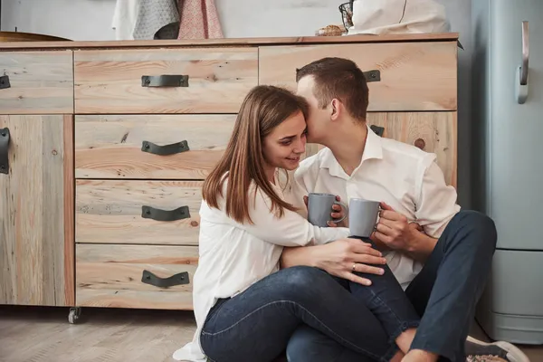 Let Keep Secret Husband His Wife Relaxing Sitting Kitchen Having — Stock Photo, Image