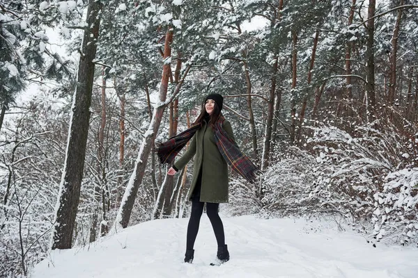Cieszymy Się Zimą Wesoła Młoda Dziewczyna Ciepłych Ubraniach Spaceruje Śnieżnym — Zdjęcie stockowe