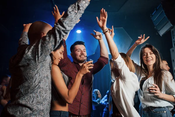 Raise Your Hands Happy People Dancing Luxury Night Club Together — Foto Stock