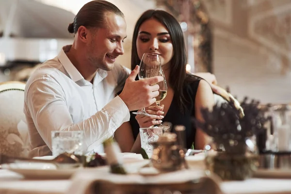 Celebrating Anniversary Beautiful Couple Have Romantic Dinner Luxury Restaurant Evening — Stock Photo, Image