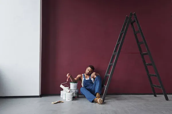 Doing Nothing Waiting Young African American Worker Blue Uniform Have — Stock Photo, Image